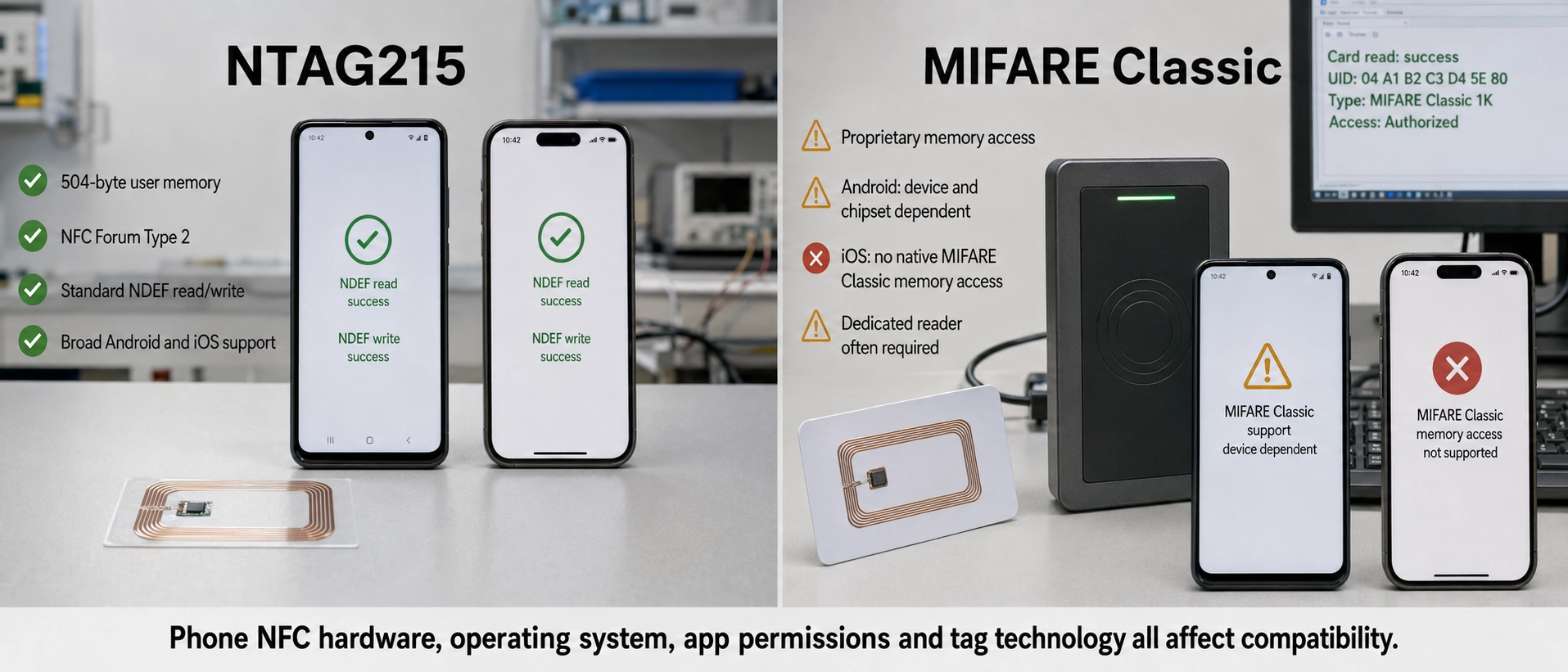 NTAG 215 versus MIFARE hardware comparison highlighting mobile read/write compatibility limitations across platforms. NTAG 215 versus MIFARE hardware comparison highlighting mobile read/write compatibility limitations across platforms.